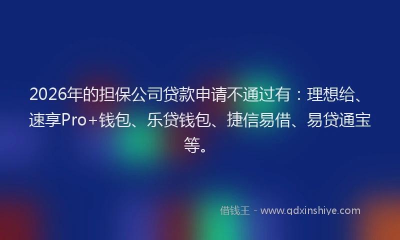 2026年的担保公司贷款申请不通过有：理想给、速享Pro+钱包、乐贷钱包、捷信易借、易贷通宝等。