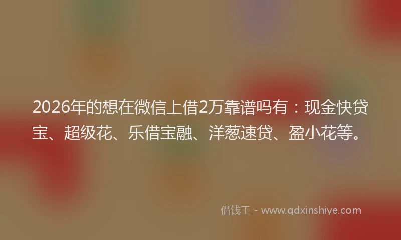 2026年的想在微信上借2万靠谱吗有：现金快贷宝、超级花、乐借宝融、洋葱速贷、盈小花等。