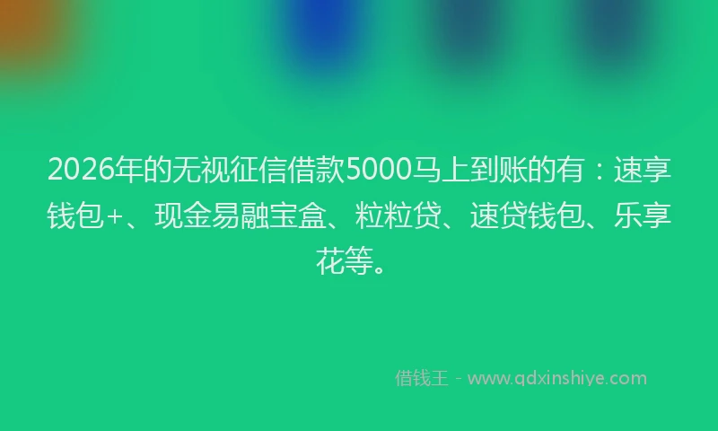 2026年的无视征信借款5000马上到账的有：速享钱包+、现金易融宝盒、粒粒贷、速贷钱包、乐享花等。
