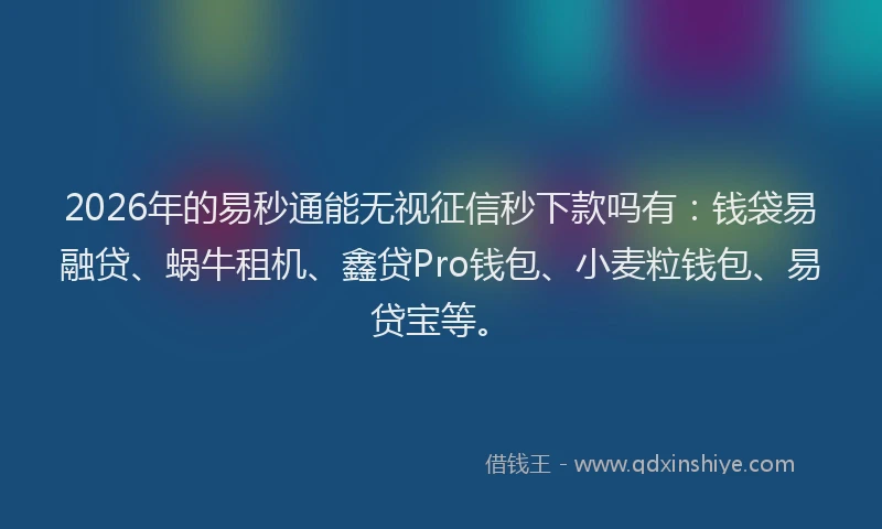 2026年的易秒通能无视征信秒下款吗有：钱袋易融贷、蜗牛租机、鑫贷Pro钱包、小麦粒钱包、易贷宝等。