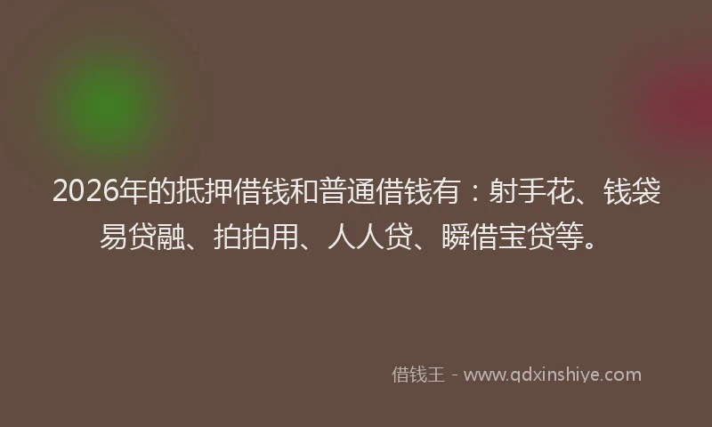 2026年的抵押借钱和普通借钱有:射手花、钱袋易贷融、拍拍用、人人贷、瞬借宝贷等。