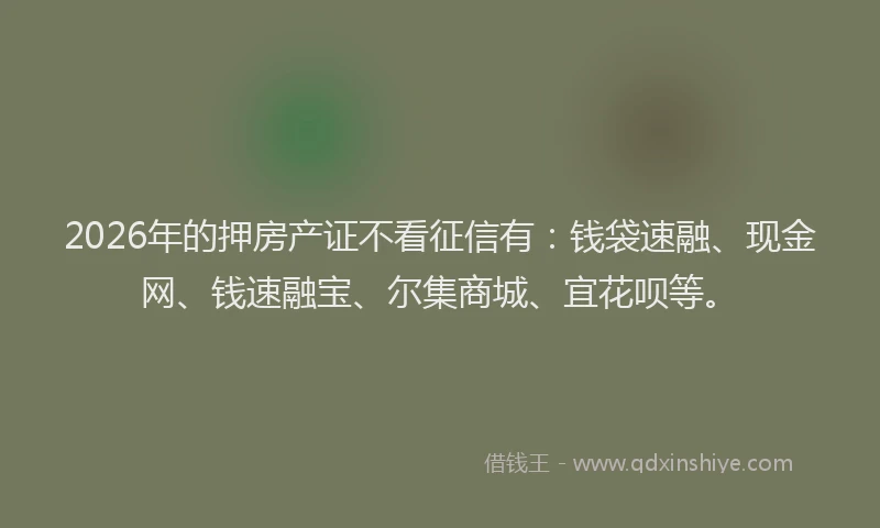 2026年的押房产证不看征信有：钱袋速融、现金网、钱速融宝、尔集商城、宜花呗等。