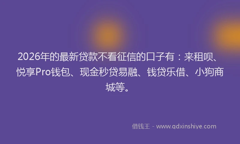 2026年的最新贷款不看征信的口子有：来租呗、悦享Pro钱包、现金秒贷易融、钱贷乐借、小狗商城等。