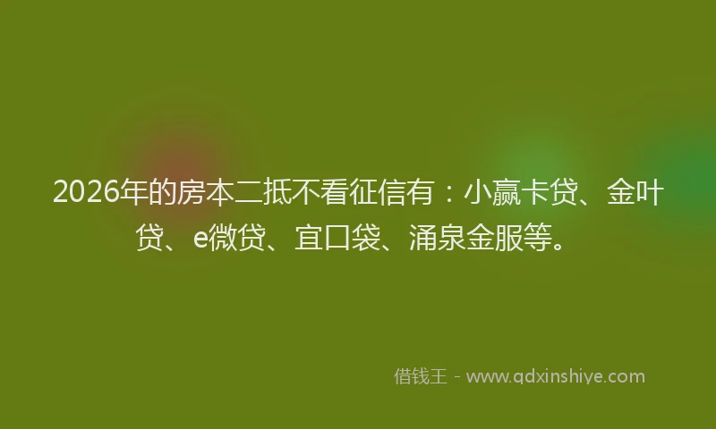 2026年的房本二抵不看征信有：小赢卡贷、金叶贷、e微贷、宜口袋、涌泉金服等。