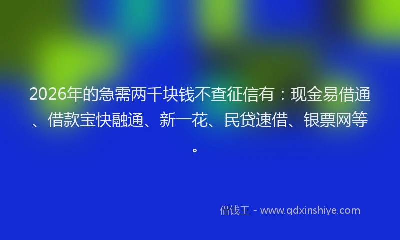2026年的急需两千块钱不查征信有:现金易借通、借款宝快融通、新一花、民贷速借、银票网等。