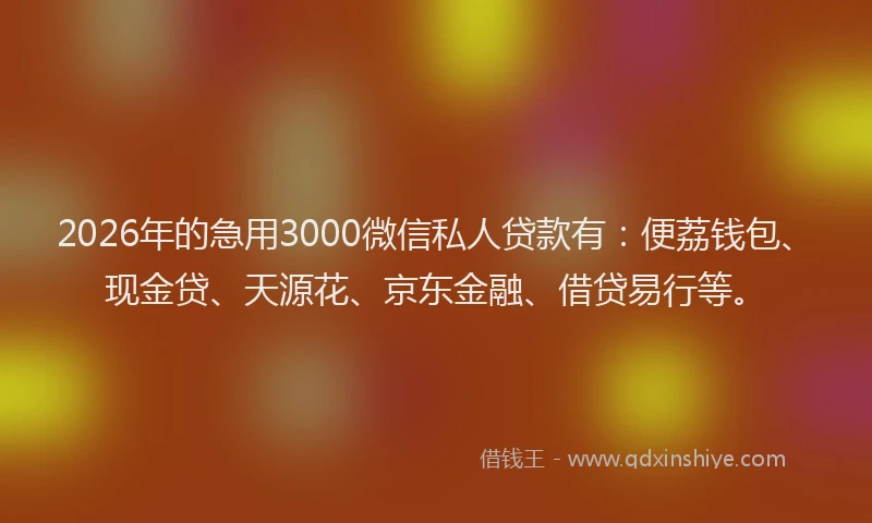2026年的急用3000微信私人贷款有：便荔钱包、现金贷、天源花、京东金融、借贷易行等。