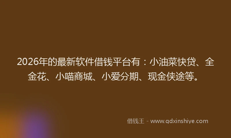 2026年的最新软件借钱平台有：小油菜快贷、全金花、小喵商城、小爱分期、现金侠途等。