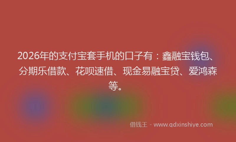 2026年的支付宝套手机的口子有：鑫融宝钱包、分期乐借款、花呗速借、现金易融宝贷、爱鸿森等。
