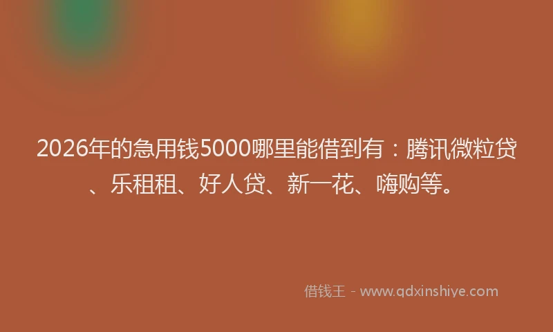 2026年的急用钱5000哪里能借到有：腾讯微粒贷、乐租租、好人贷、新一花、嗨购等。