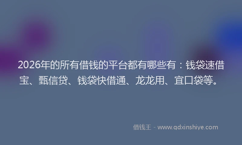 2026年的所有借钱的平台都有哪些有:钱袋速借宝、甄信贷、钱袋快借通、龙龙用、宜口袋等。