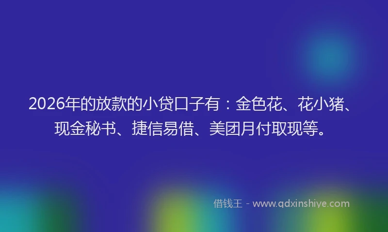 2026年的放款的小贷口子有：金色花、花小猪、现金秘书、捷信易借、美团月付取现等。