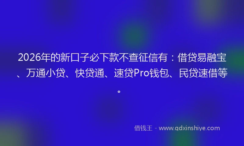 2026年的新口子必下款不查征信有：借贷易融宝、万通小贷、快贷通、速贷Pro钱包、民贷速借等。
