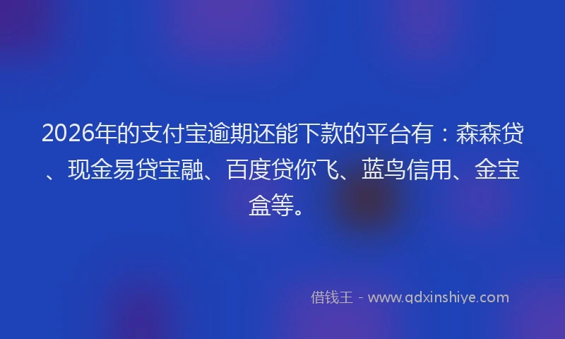 2026年的支付宝逾期还能下款的平台有：森森贷、现金易贷宝融、百度贷你飞、蓝鸟信用、金宝盒等。