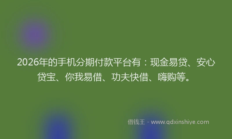 2026年的手机分期付款平台有：现金易贷、安心贷宝、你我易借、功夫快借、嗨购等。