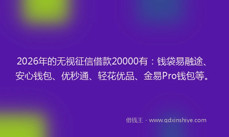 2026年的无视征信借款20000有：钱袋易融途、安心钱包、优秒通、轻花优品、金易Pro钱包等。