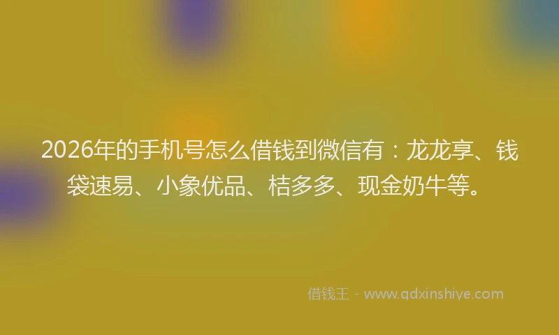 2026年的手机号怎么借钱到微信有：龙龙享、钱袋速易、小象优品、桔多多、现金奶牛等。