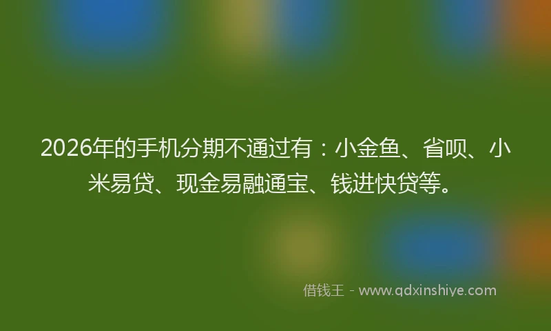 2026年的手机分期不通过有：小金鱼、省呗、小米易贷、现金易融通宝、钱进快贷等。