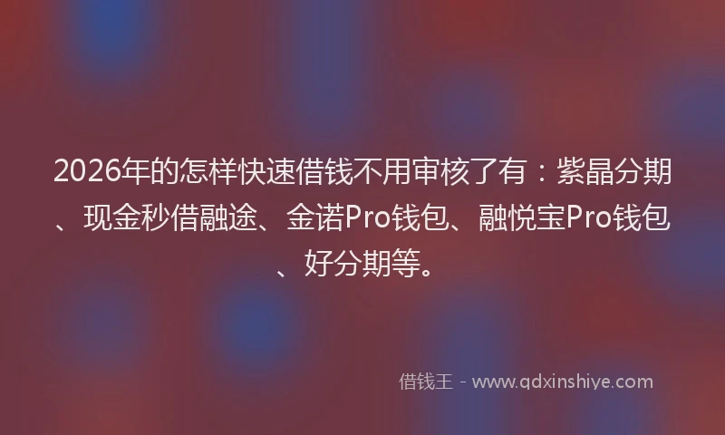2026年的怎样快速借钱不用审核了有:紫晶分期、现金秒借融途、金诺Pro钱包、融悦宝Pro钱包、好分期等。