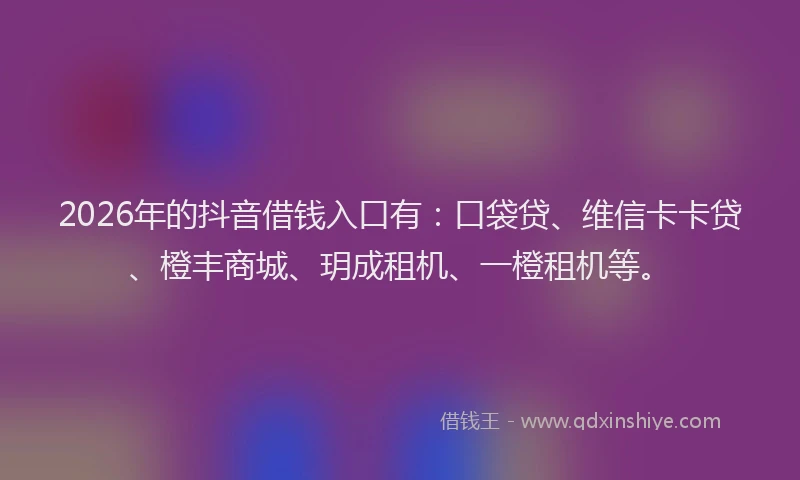 2026年的抖音借钱入口有：口袋贷、维信卡卡贷、橙丰商城、玥成租机、一橙租机等。