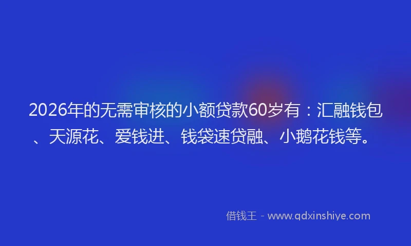 2026年的无需审核的小额贷款60岁有：汇融钱包、天源花、爱钱进、钱袋速贷融、小鹅花钱等。