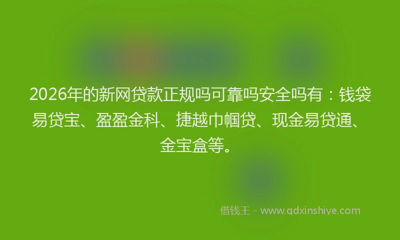 2026年的新网贷款正规吗可靠吗安全吗有：钱袋易贷宝、盈盈金科、捷越巾帼贷、现金易贷通、金宝盒等。