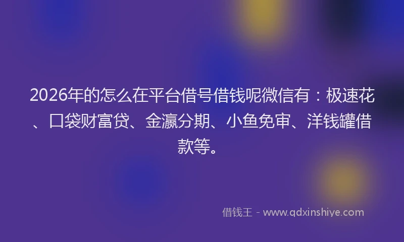 2026年的怎么在平台借号借钱呢微信有：极速花、口袋财富贷、金瀛分期、小鱼免审、洋钱罐借款等。