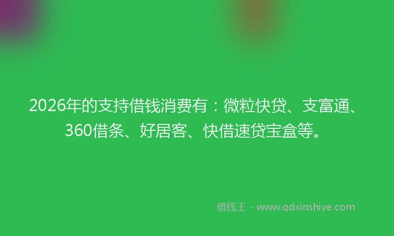 2026年的支持借钱消费有：微粒快贷、支富通、360借条、好居客、快借速贷宝盒等。