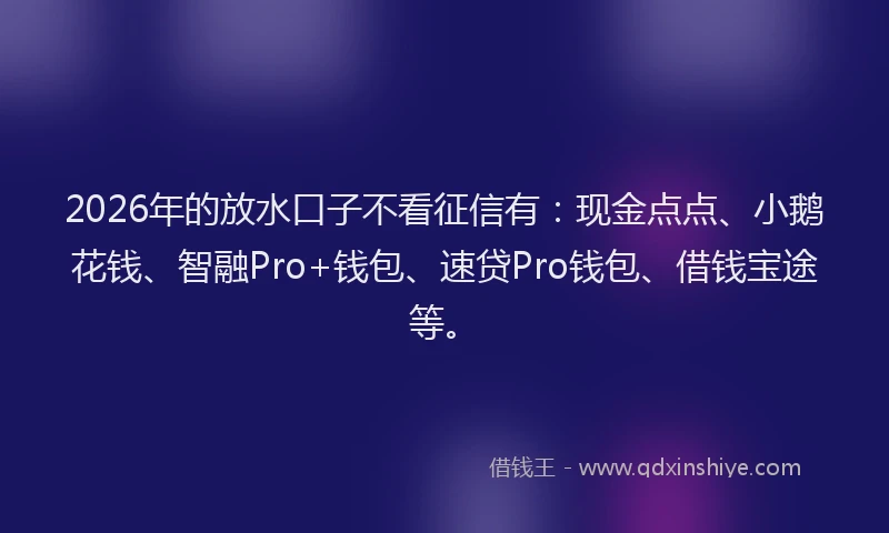 2026年的放水口子不看征信有：现金点点、小鹅花钱、智融Pro+钱包、速贷Pro钱包、借钱宝途等。