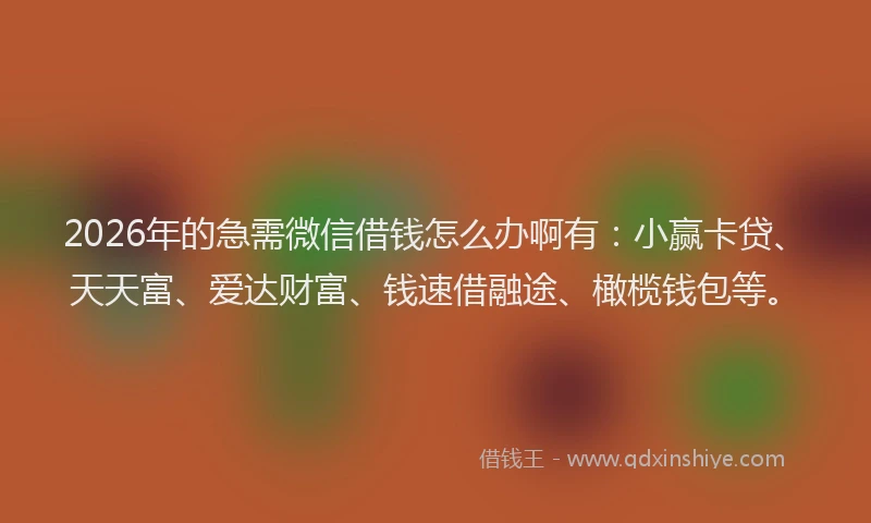2026年的急需微信借钱怎么办啊有：小赢卡贷、天天富、爱达财富、钱速借融途、橄榄钱包等。