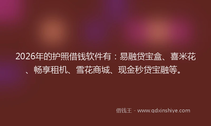 2026年的护照借钱软件有：易融贷宝盒、喜米花、畅享租机、雪花商城、现金秒贷宝融等。