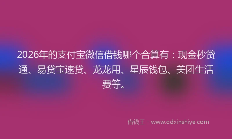 2026年的支付宝微信借钱哪个合算有：现金秒贷通、易贷宝速贷、龙龙用、星辰钱包、美团生活费等。