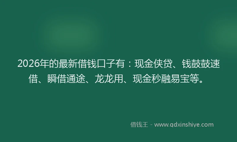2026年的最新借钱口子有：现金侠贷、钱鼓鼓速借、瞬借通途、龙龙用、现金秒融易宝等。