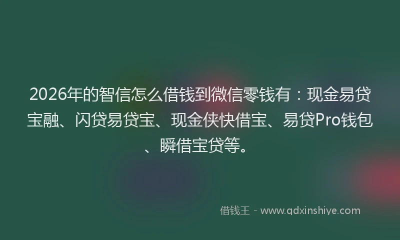 2026年的智信怎么借钱到微信零钱有：现金易贷宝融、闪贷易贷宝、现金侠快借宝、易贷Pro钱包、瞬借宝贷等。