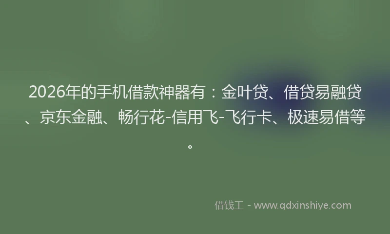 2026年的手机借款神器有：金叶贷、借贷易融贷、京东金融、畅行花-信用飞-飞行卡、极速易借等。