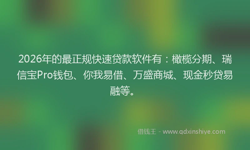 2026年的最正规快速贷款软件有：橄榄分期、瑞信宝Pro钱包、你我易借、万盛商城、现金秒贷易融等。