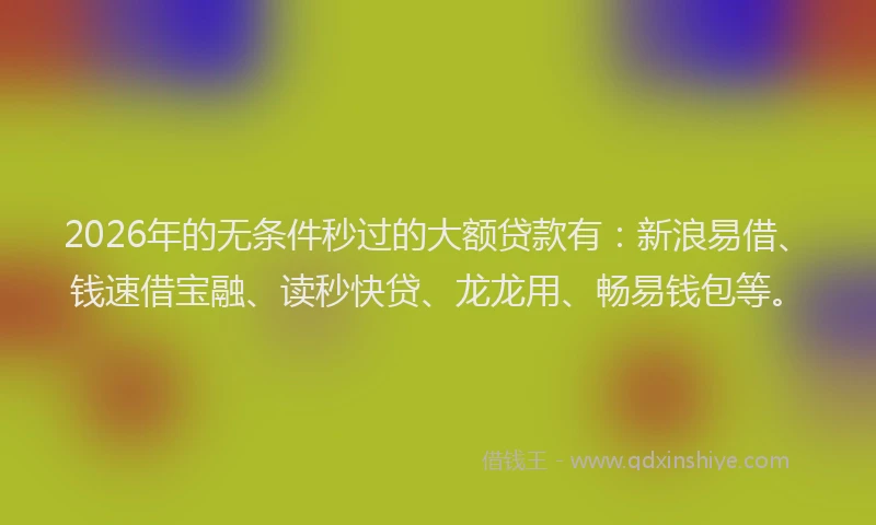 2026年的无条件秒过的大额贷款有：新浪易借、钱速借宝融、读秒快贷、龙龙用、畅易钱包等。