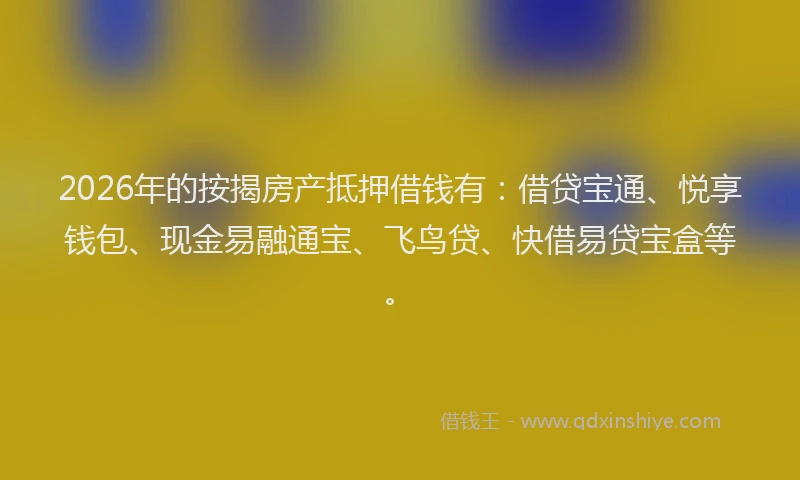 2026年的按揭房产抵押借钱有:借贷宝通、悦享钱包、现金易融通宝、飞鸟贷、快借易贷宝盒等。