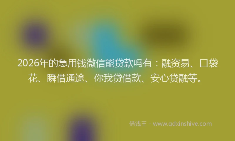 2026年的急用钱微信能贷款吗有：融资易、口袋花、瞬借通途、你我贷借款、安心贷融等。