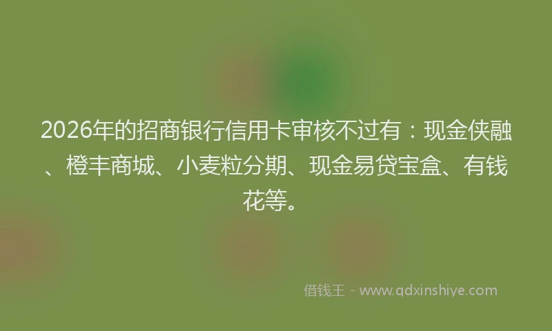 2026年的招商银行信用卡审核不过有：现金侠融、橙丰商城、小麦粒分期、现金易贷宝盒、有钱花等。
