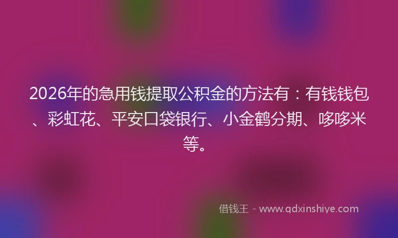 2026年的急用钱提取公积金的方法有：有钱钱包、彩虹花、平安口袋银行、小金鹤分期、哆哆米等。