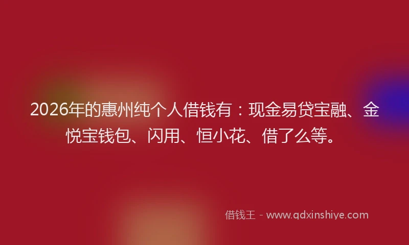 2026年的惠州纯个人借钱有：现金易贷宝融、金悦宝钱包、闪用、恒小花、借了么等。