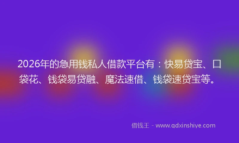 2026年的急用钱私人借款平台有：快易贷宝、口袋花、钱袋易贷融、魔法速借、钱袋速贷宝等。