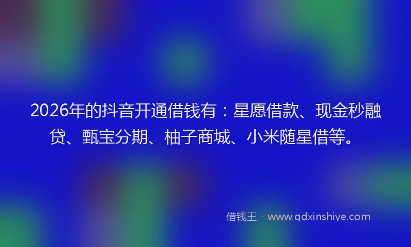 2026年的抖音开通借钱有：星愿借款、现金秒融贷、甄宝分期、柚子商城、小米随星借等。
