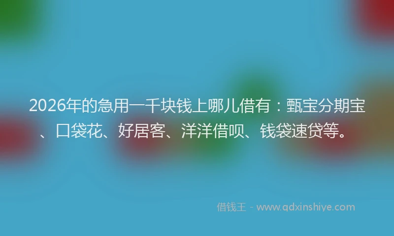 2026年的急用一千块钱上哪儿借有：甄宝分期宝、口袋花、好居客、洋洋借呗、钱袋速贷等。