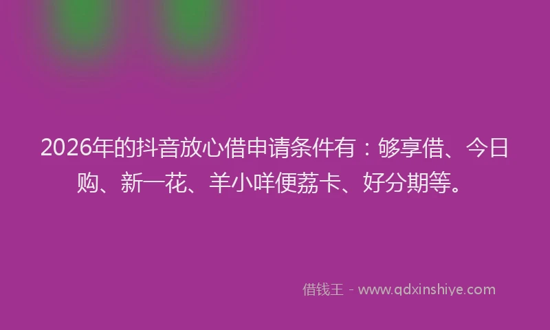 2026年的抖音放心借申请条件有：够享借、今日购、新一花、羊小咩便荔卡、好分期等。