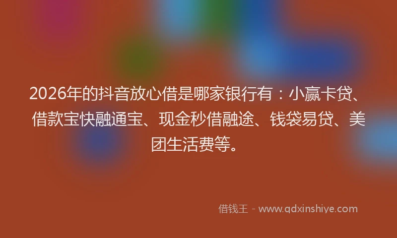 2026年的抖音放心借是哪家银行有:小赢卡贷、借款宝快融通宝、现金秒借融途、钱袋易贷、美团生活费等。