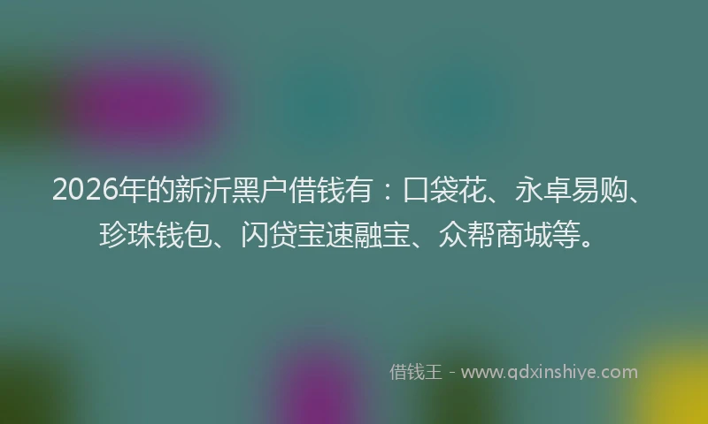 2026年的新沂黑户借钱有：口袋花、永卓易购、珍珠钱包、闪贷宝速融宝、众帮商城等。