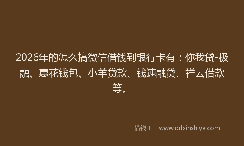 2026年的怎么搞微信借钱到银行卡有：你我贷-极融、惠花钱包、小羊贷款、钱速融贷、祥云借款等。