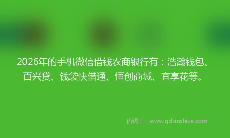 2026年的手机微信借钱农商银行有:浩瀚钱包、百兴贷、钱袋快借通、恒创商城、宜享花等。