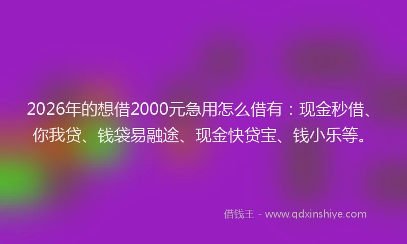 2026年的想借2000元急用怎么借有：现金秒借、你我贷、钱袋易融途、现金快贷宝、钱小乐等。